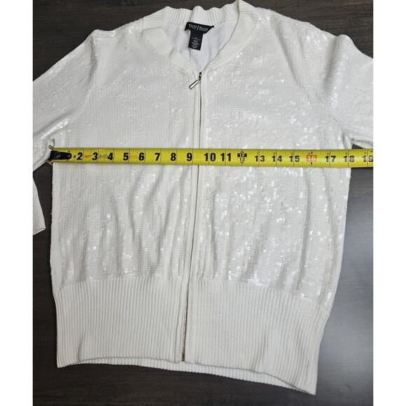WHBM Womens Sequin Cardigan Sweater Ivory Medium 3/4 Sleeves Zip up - Picture 4 of 5